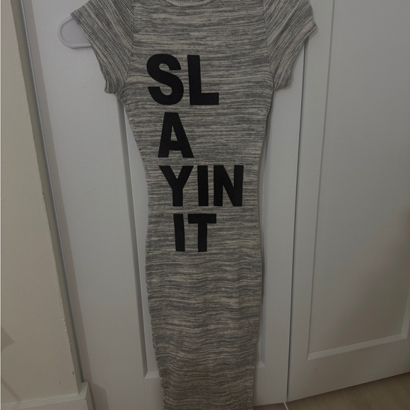 Gray Striped Dress with Bold Lettering - Picture 1 of 1